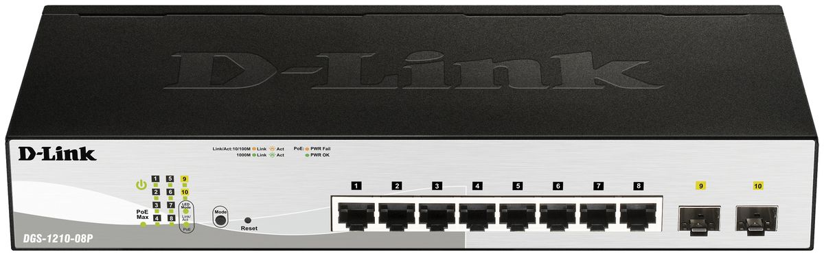Switch D-Link DGS-1210-08P/E, 8-port smart managed Layer2/3 Gigabit PoE+
