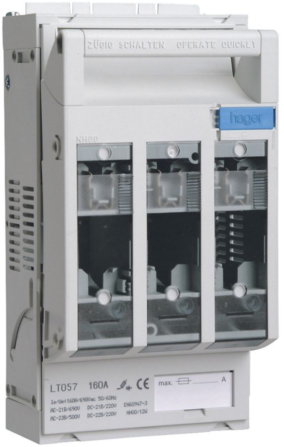 Coupe-circuit sectionneur HPC Hager DIN00 690VAC 160A rail 60mm sortie haut/bas