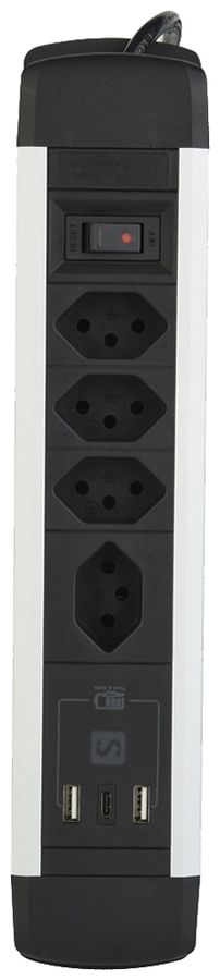 Prise multiple ALU 4×T13 2×USB-A/1×USB-C 2m 3×1mm² interrupteur noir/aluminium