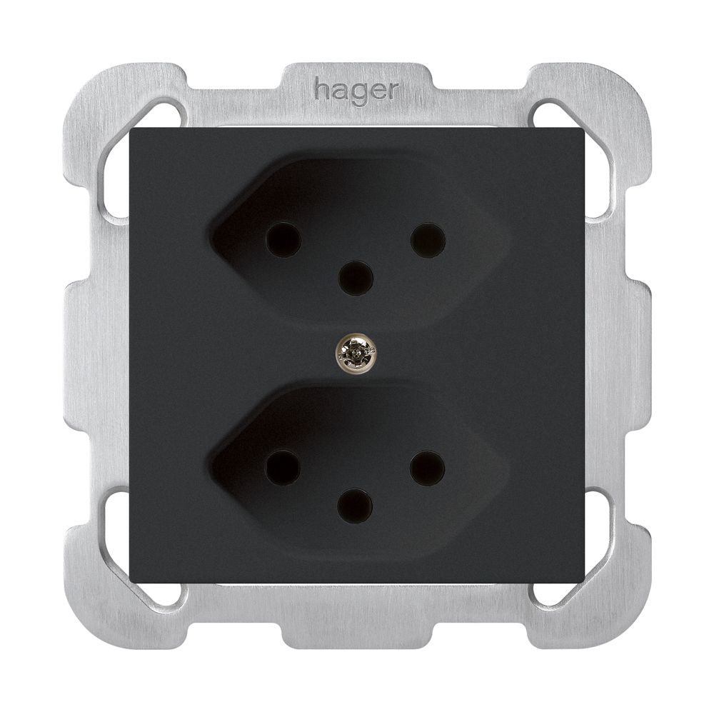 UP-Steckdose kallysto 2×T13 schwarz mit Kinderschutz mit Befestigungsplatte