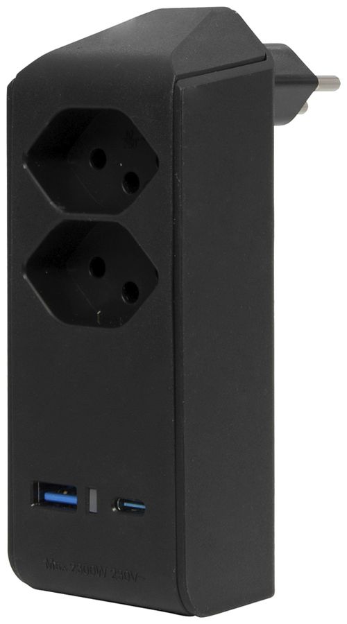 Fiche de dérivation cleverLINE 2×T13 1×USB-A 1×USB-C 300° sans suspension noir