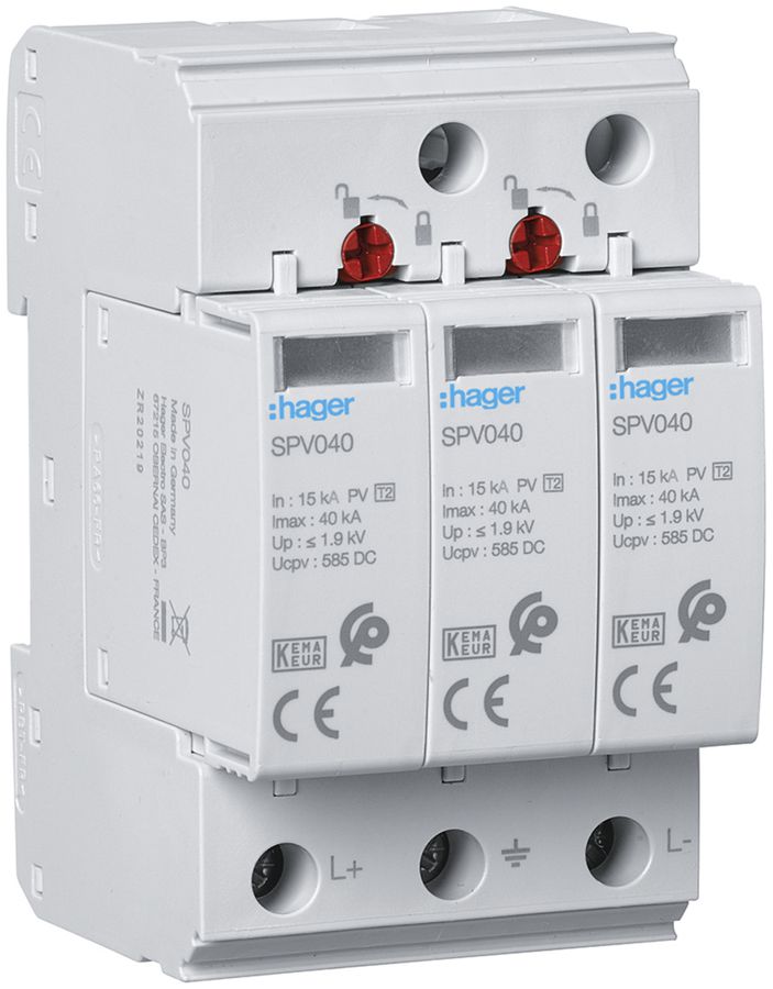 Überspannungsableiter Hager SPD 3P 15kA DC TN-C-S Imax 40kA Up 1.9kV PV