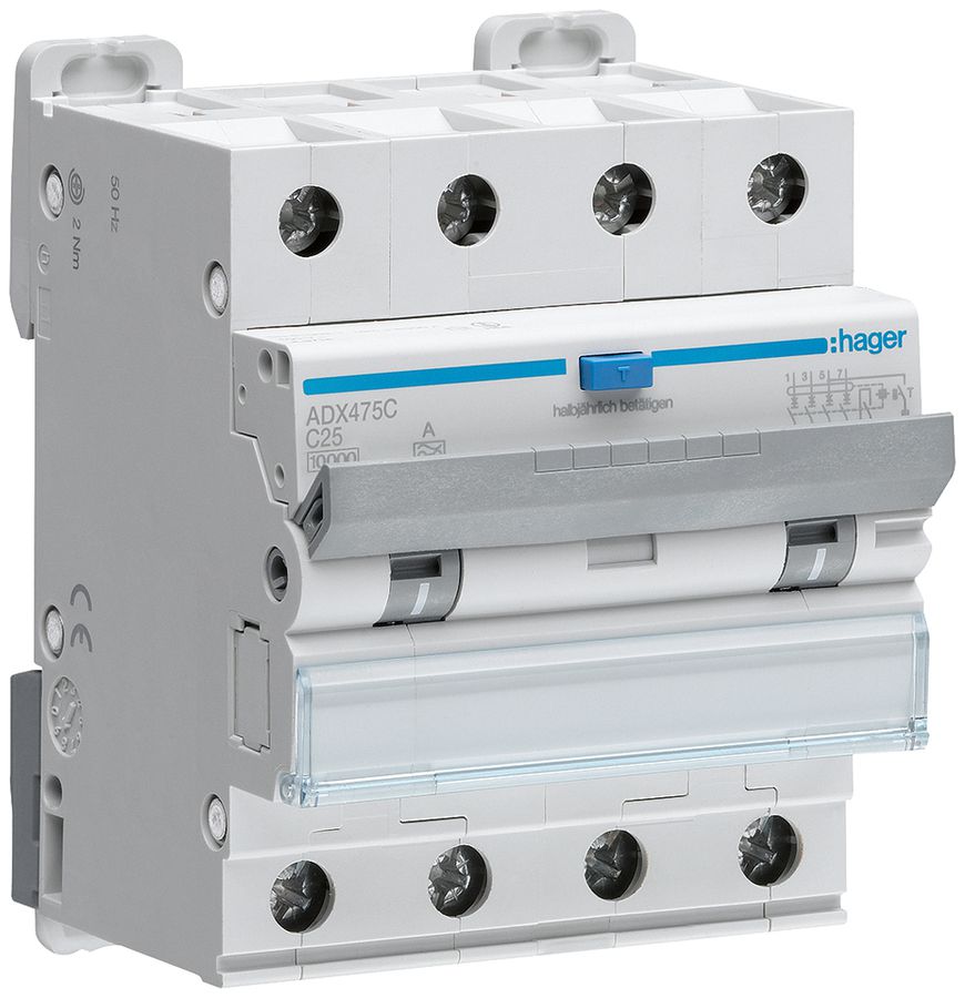 Disgiuntore differenziale Hager RCBO 4P 400V car.C 25A 0.03A t.A 10kA 4UM