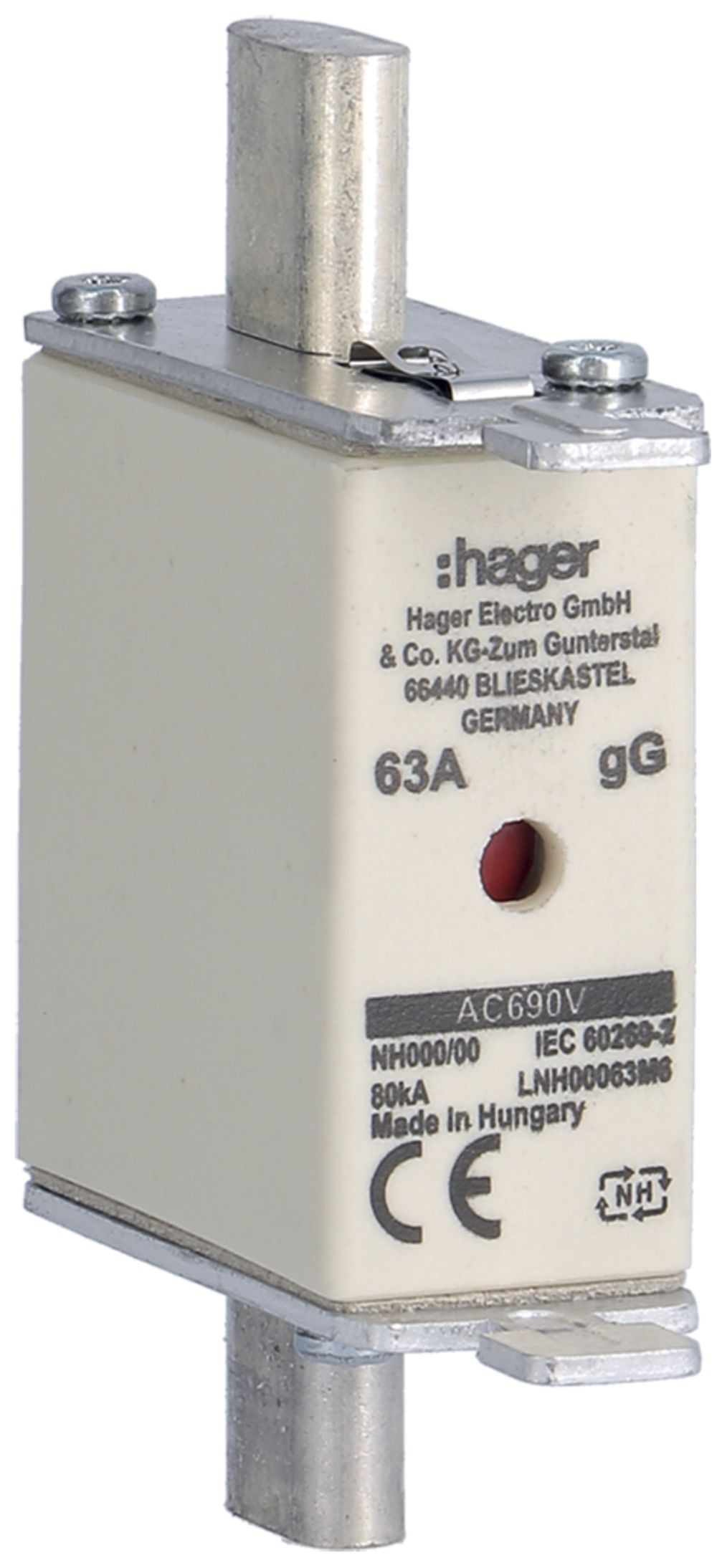 Fusibile HPC Hager DIN000 690VAC 63A gG/gL segnalatore doppio inossidabile