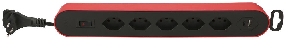 Prise multiple MAX HAURI Design/Line 5×T13, 2×USB, Td 3×1mm², 2.2m, rouge/noir