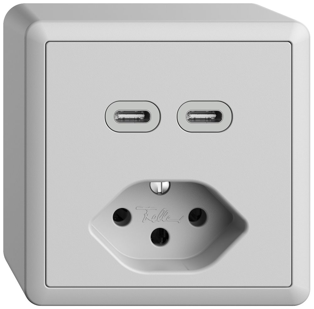 AP-Steckdose USB 2×Typ C + Typ 13 Feller EDIZIOdue FX54 230V 3000mA hellgrau