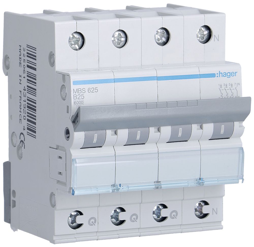 Leitungsschutzschalter Hager MCB quickconnect 4P 415V Typ B 25A Icn 6kA 4TE