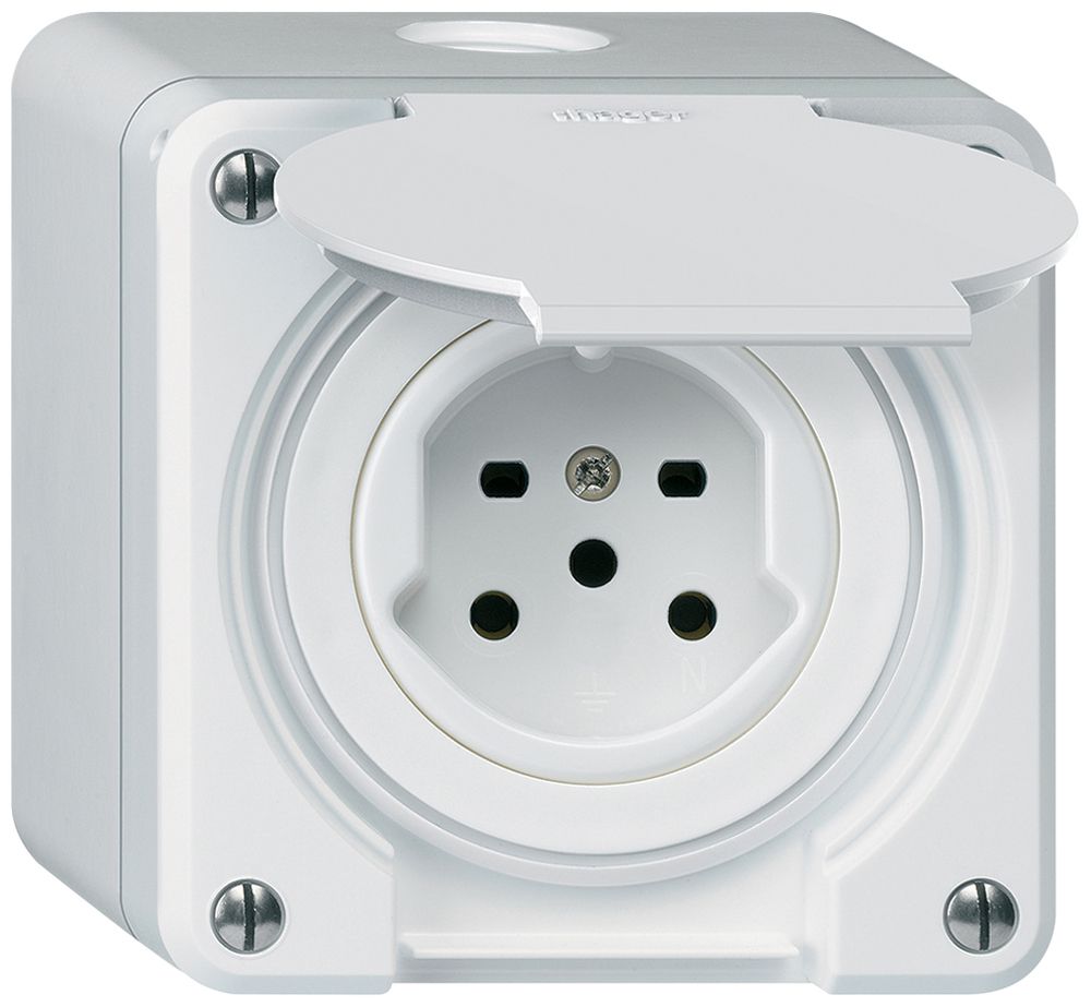 AP-Steckdose HA robusto Typ 15 mit Steckklemmen mit Klappdeckel weiss
