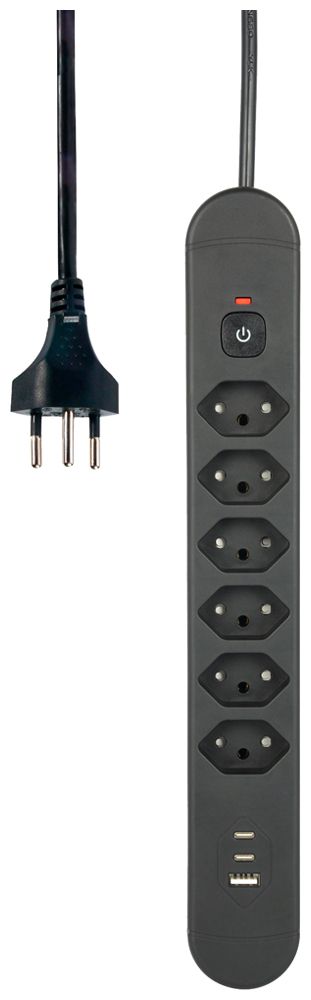 Prise multiple Re:Life 10A avec interrupteur EN/HORS 6×T13 3×USB 1.8m noir
