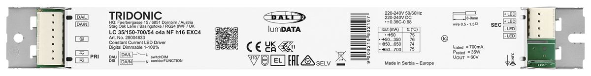 Alimentation LED Tridonic LC 2.25…35W 60V 150…700mA DALI DSI VAR 280×30×16mm