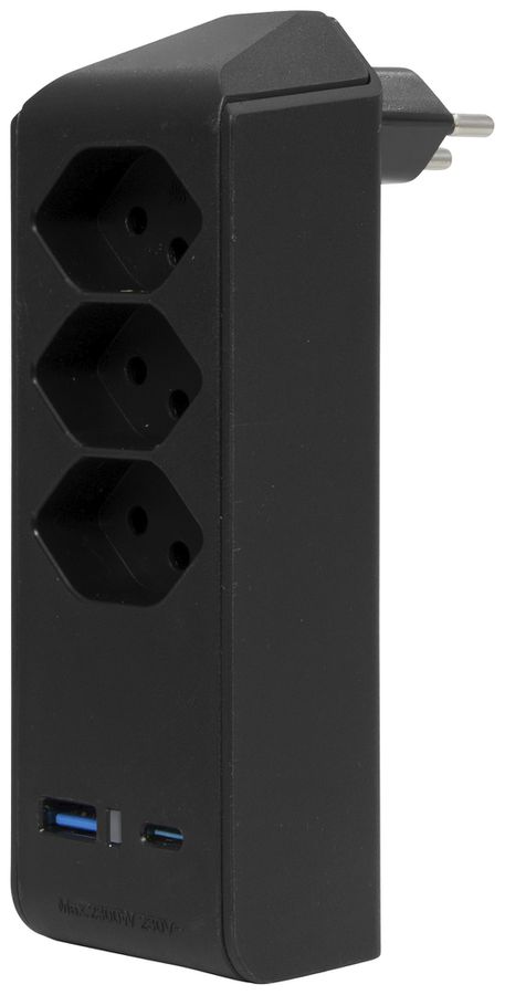 Fiche de dérivation cleverLINE 3×T13 1×USB-A 1×USB-C 300° sans suspension noir