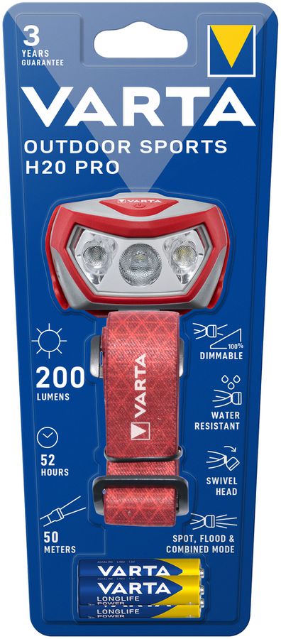 Lampada frontale LED VARTA Outdoor Sports H20 Pro 200lm con 3×AAA, IPX4, rosso