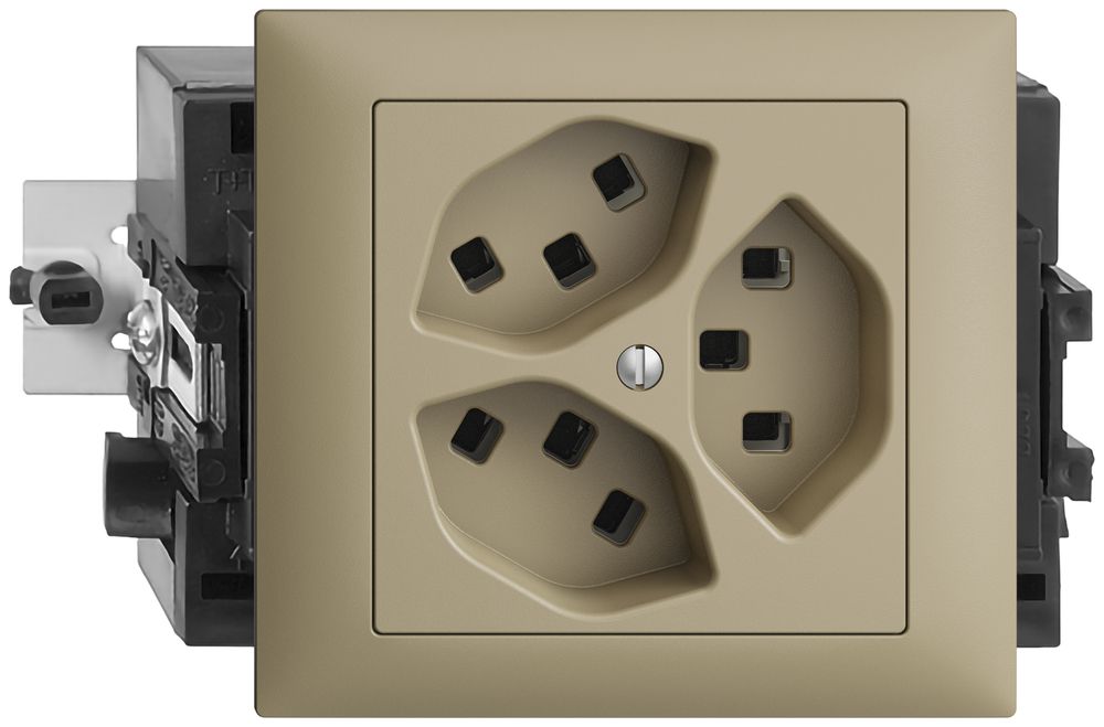 EB-Steckdose 3×T23 16A sand 53mm EDIZIOdue, mit Steckklemmen