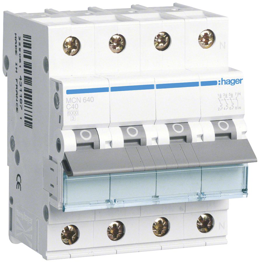 Leitungsschutzschalter Hager MCN 4P 415V Typ C 40A Icn 6kA 4TE