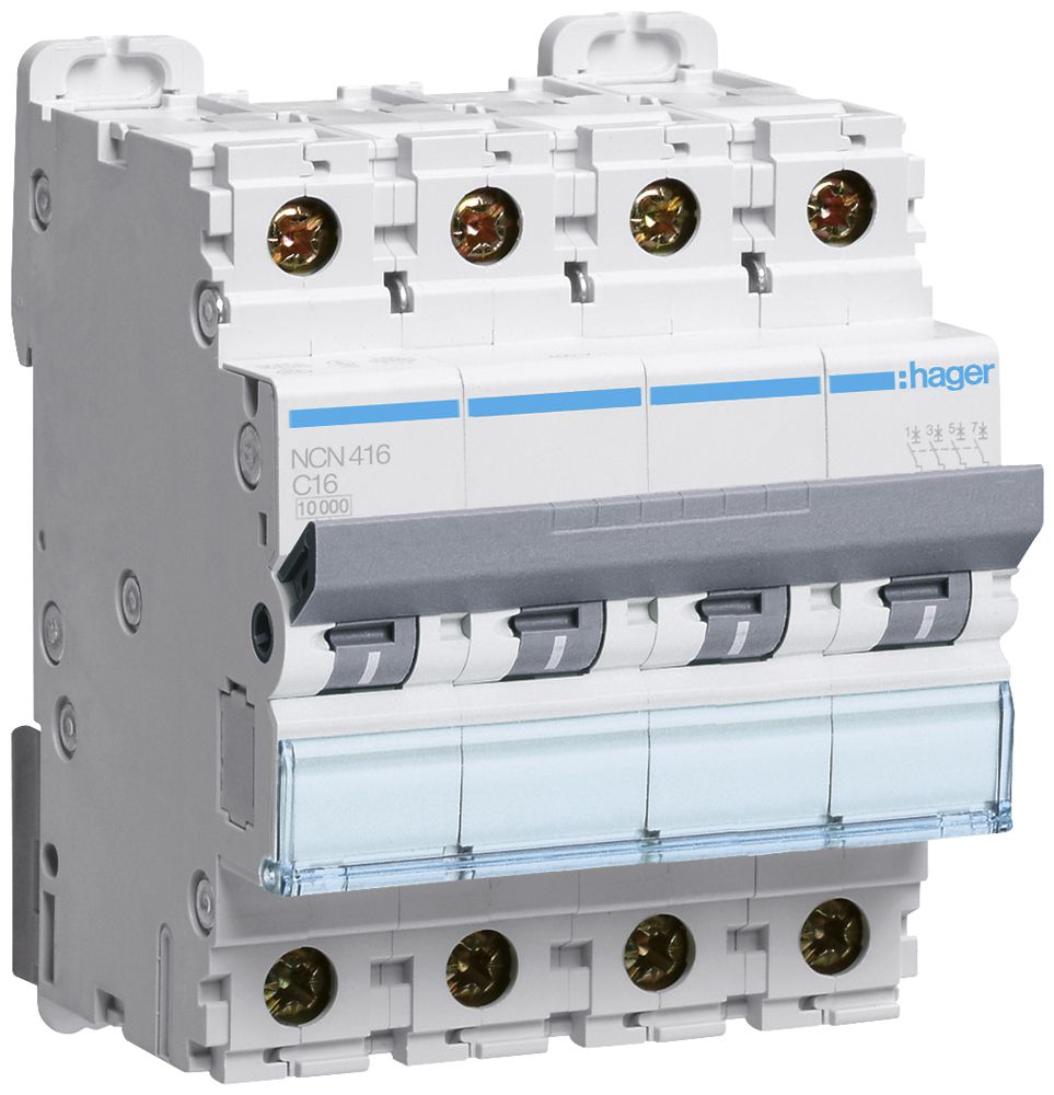 Disjoncteur Hager MCB 4P 415V type C 16A Icn 10kA Icu 15 kA 4UM