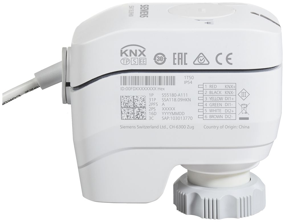 Servomoteur KNX Siemens SSA118.09HKN, 100N 1.2…6.5mm, M30×1.5, blanc