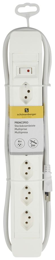 Steckdosenleiste PRINCIPIO 6×Typ 13 horizontal Kabel 2m Schalter weiss