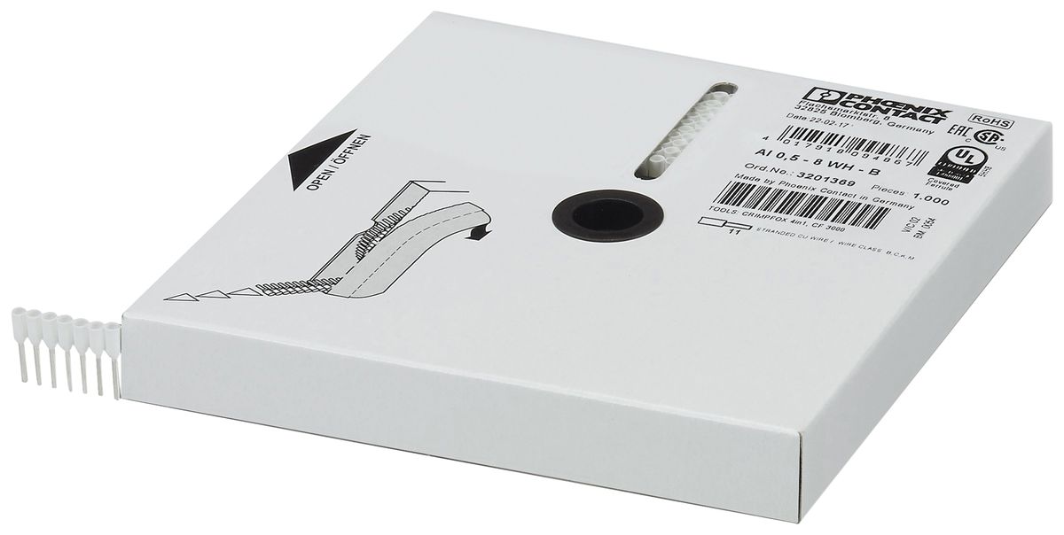 Bande d'embouts de câble Phoenix Contact AI 0,5-8 WH-B DIN46228 8mm×0.5mm² blanc