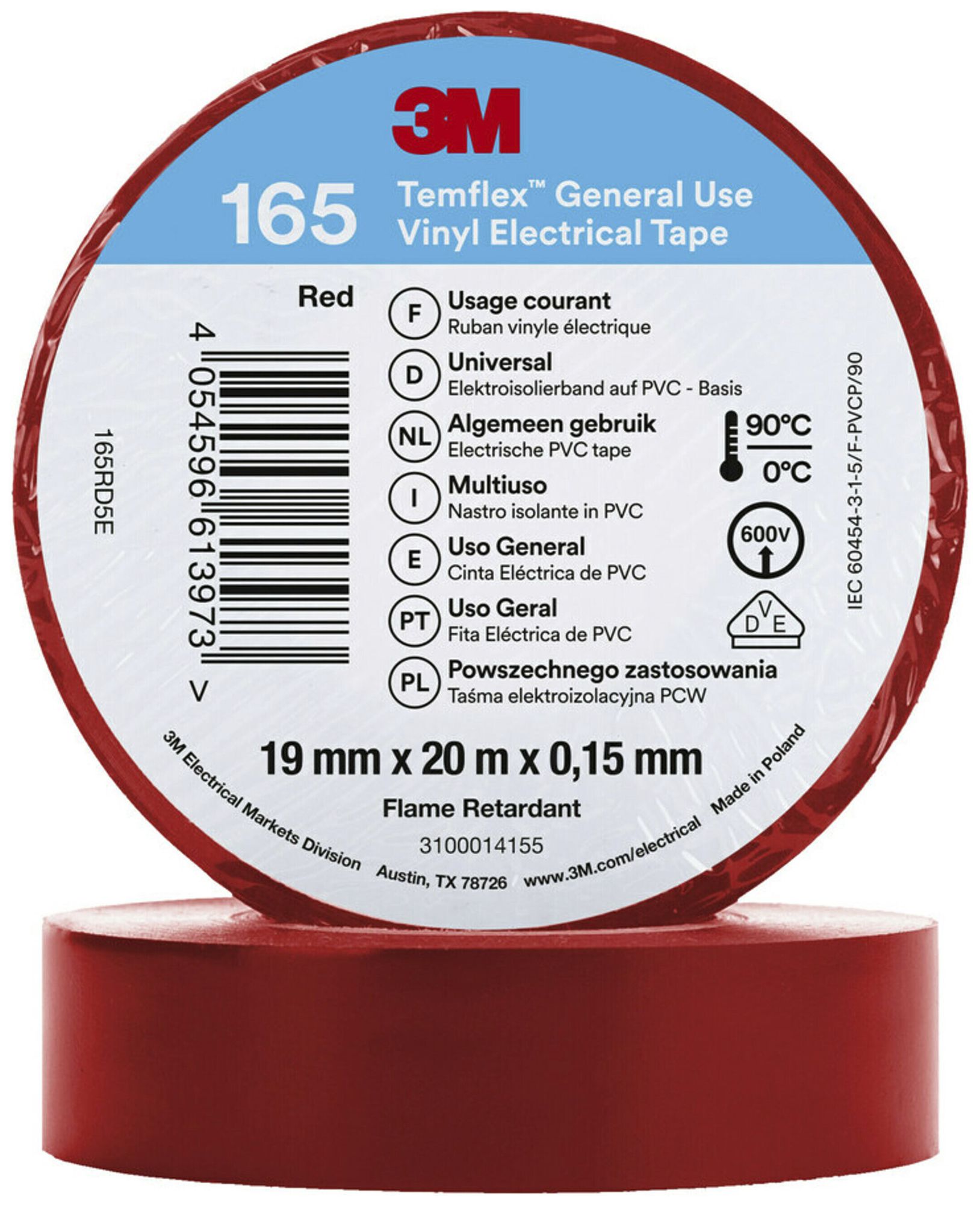 Isolierband 3M Temflex 165 19mm×20m×0.15mm rot VDE 600V 0…90°C