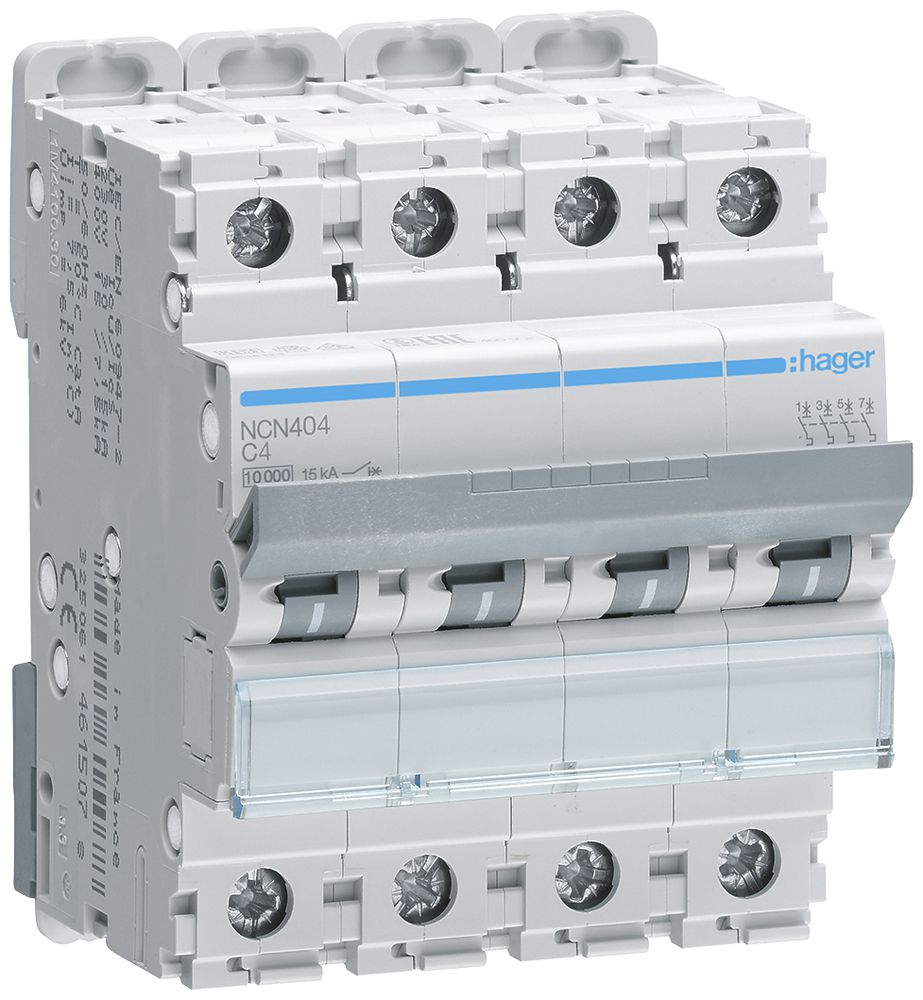 Leitungsschutzschalter Hager MCB 4P 415V Typ C 4A Icn 10kA 4TE