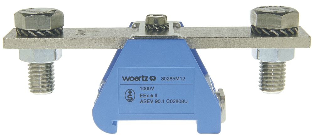 Borne de passage joignable Woertz 240mm² 415A 750V boulon 2×1 rail DIN 35mm bl