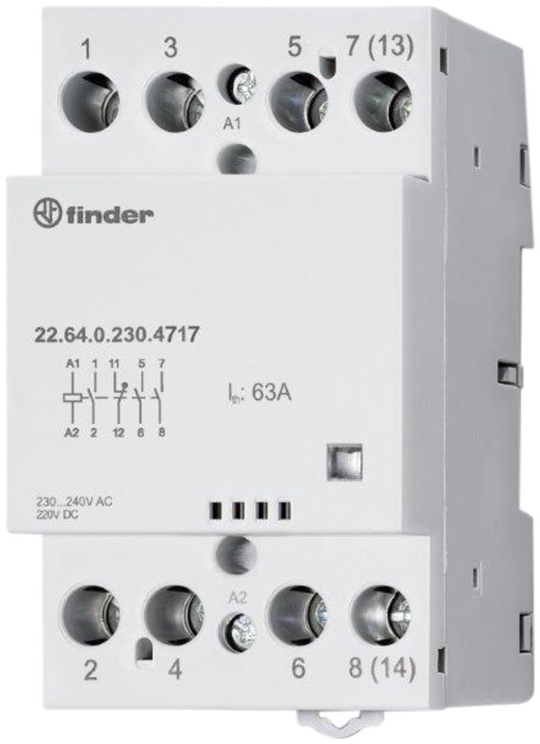 REG-Schütz Finder 22.64, 3S+1Ö 63A/24VUC AgSnO2, Anzeige, 3TE