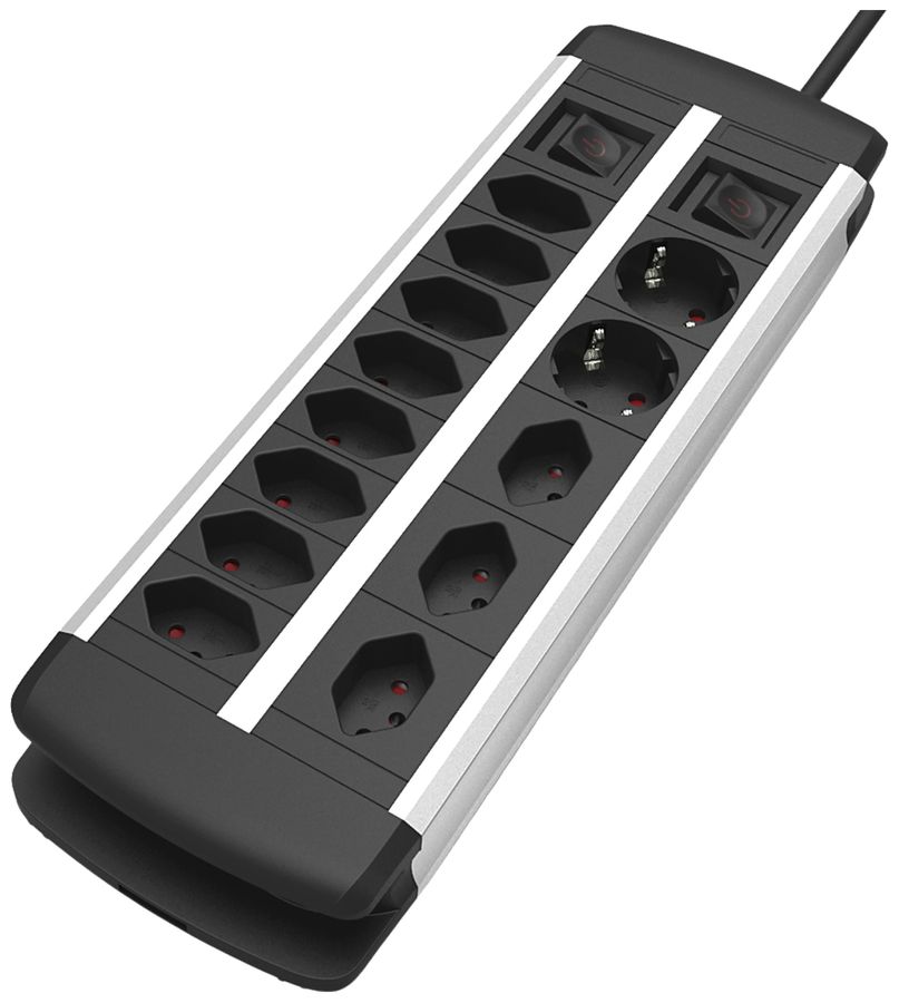 Prise multiple XXL ALU 11×T13 2×Schuko 3m 3×1.5mm² 2×interrupteur noir/aluminium