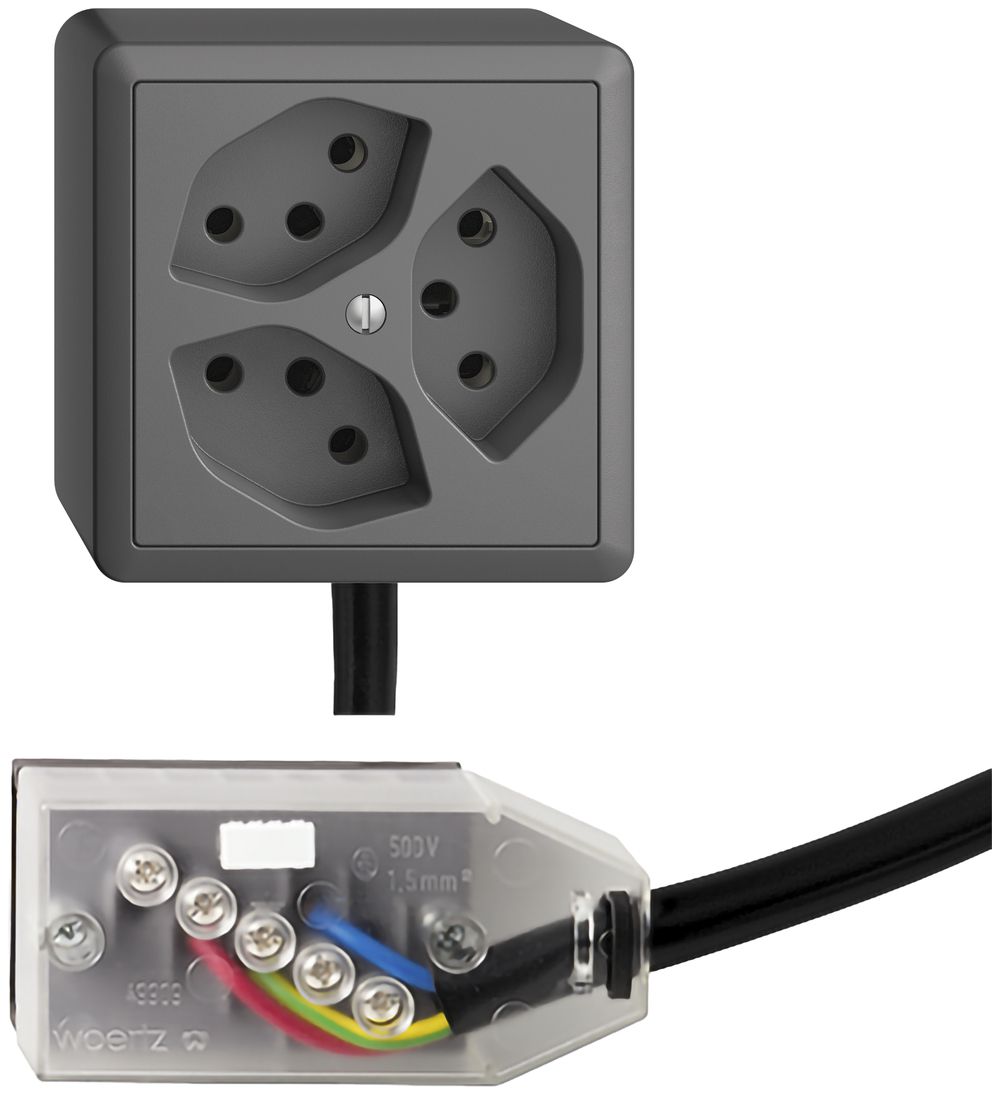 AP-Steckdose EDIZIOdue 3×T13 L2 Snap dunkelgrau für Flachkabel Technofil