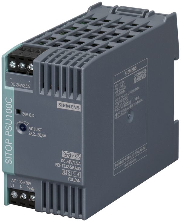 Stromversorgung Siemens SITOP PSU100C, IN:120…230VAC(110…300VDC), OUT:24VDC/2.5A