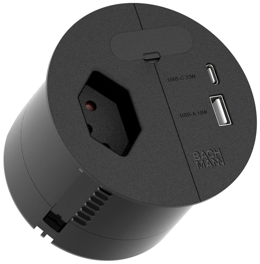 EB-Tischsteckdose BACHMANN LOOP IN CHARGE 1×T13 2×USB Ø80mm schwarz matt GST18