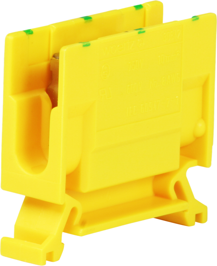 Borne de dérivation Woertz 4…10mm² 57A 750V vis 2×1 rail DIN 35mm vert/jaune