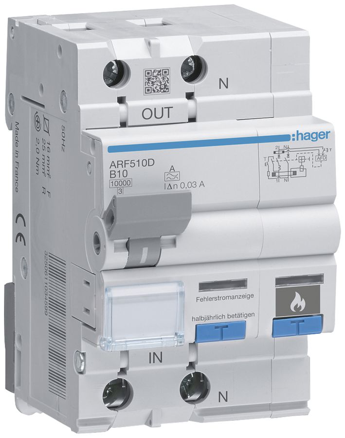 Interrupteur de protection incendie Hager AFDD+FI/LS, 1P+N 10kA B10A 30mA type A