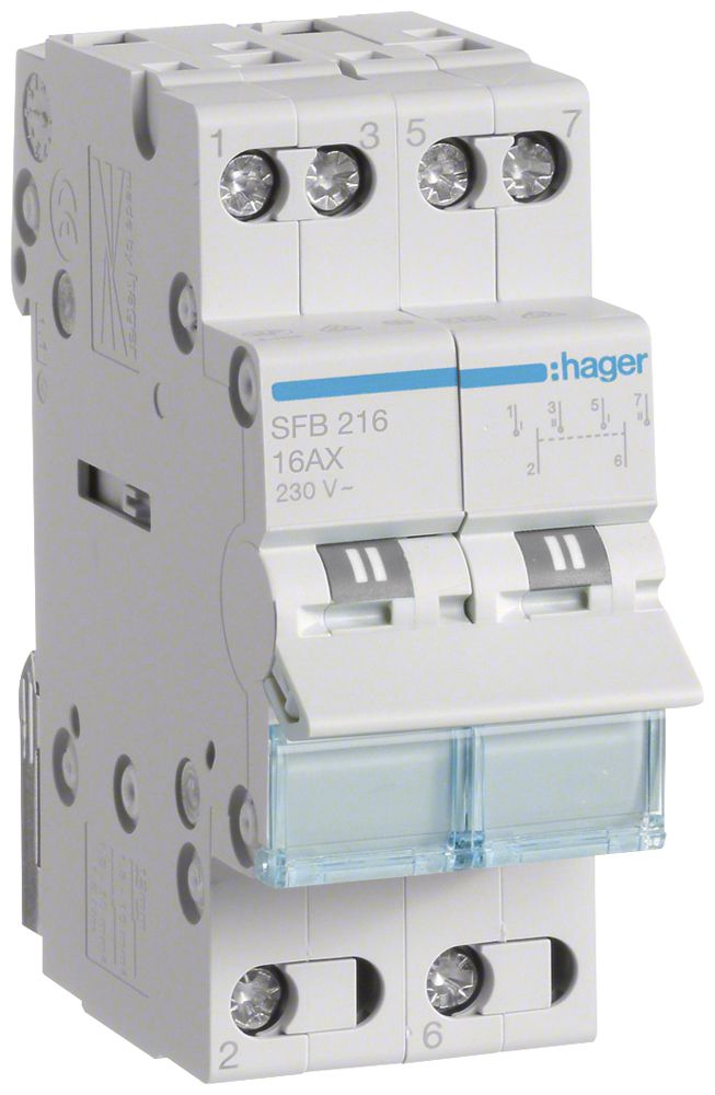 REG-Wechselschalter Hager SFB 16A 230V 0 Schliesser 0 Öffner 2 Wechsler 2TE