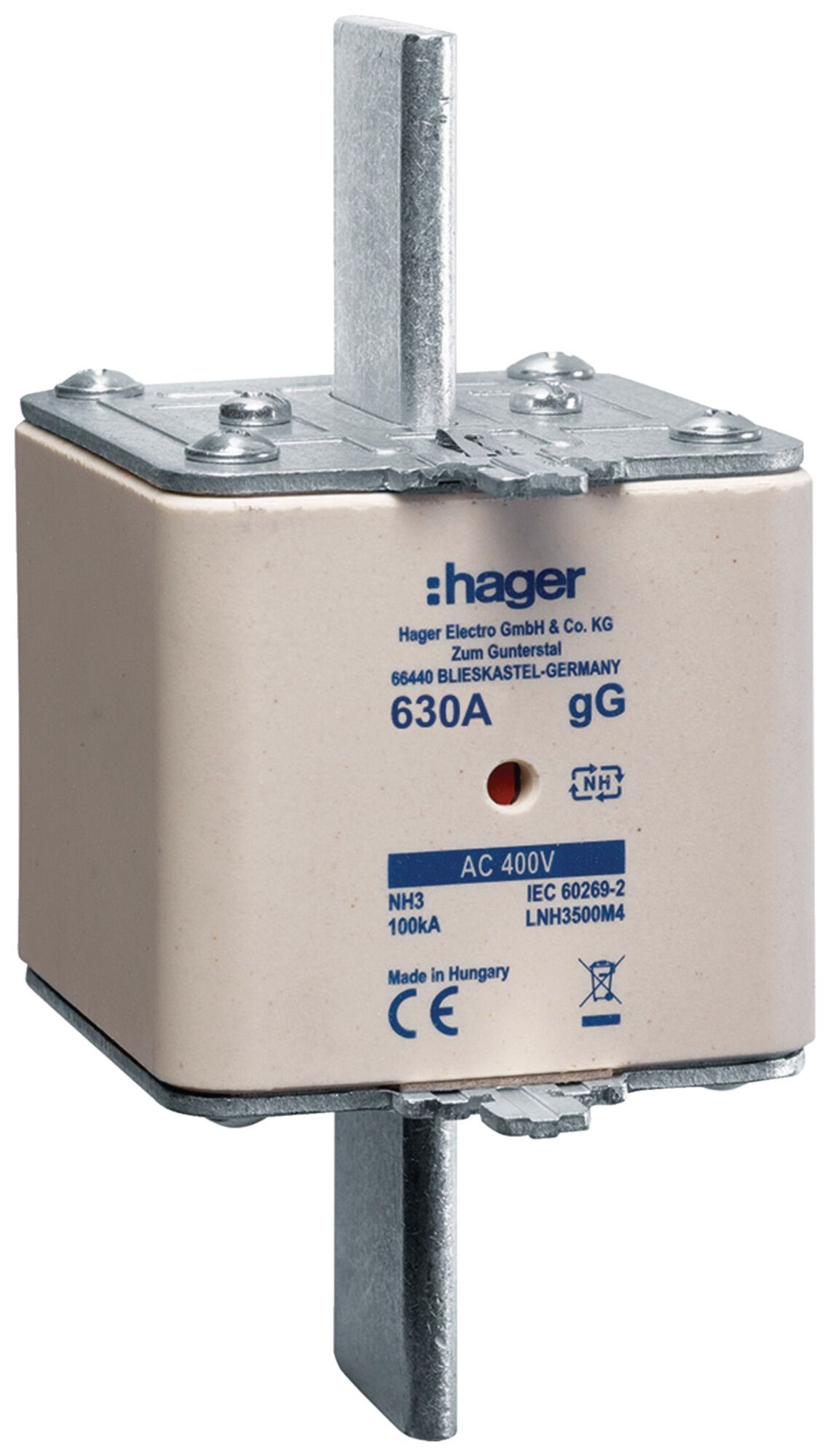 Fusible HPC Hager DIN3 400VAC 630A gG/gL avertisseur double antirouille
