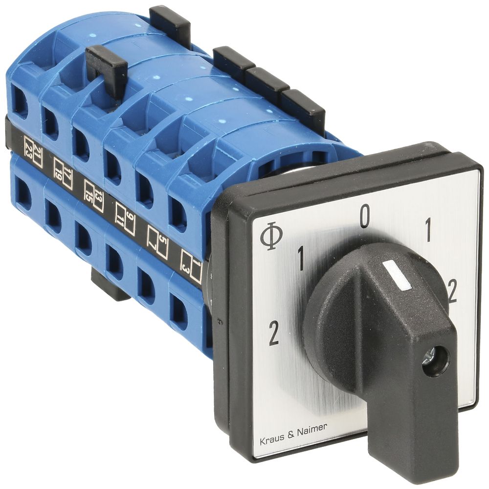 EB-Drehschalter K&N, 25A/690V 3L, Griff sz, 48×48mm, Ø6mm, "2-1-0-1-2"