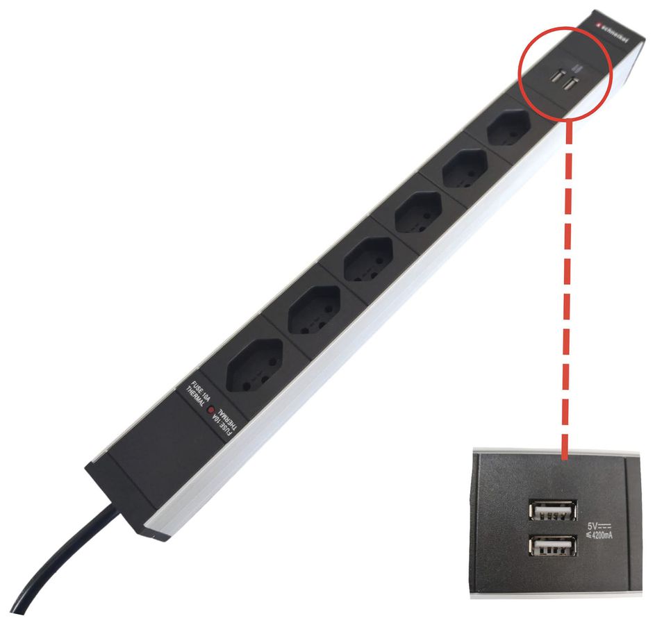 Prise multiple 19" 1UH 6×T13/2×USB-A, Td3×1mm² 3m T12, F=10A, noir