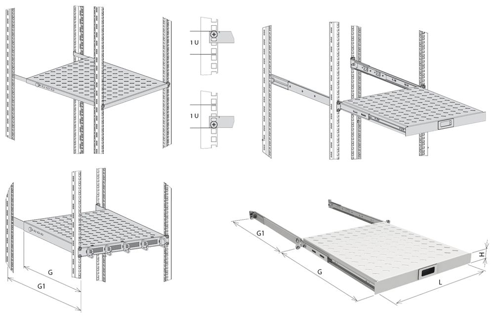 Support d'appareils 19" extensible 1UH 416×455mm