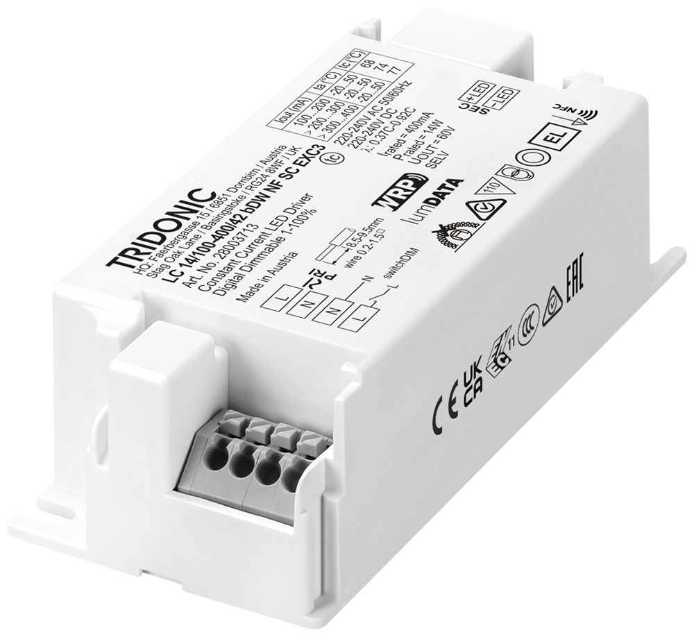 Alimentation LED Tridonic LC NFC EXC3 4.2…14W 7.5…42V 100…400mA VAR 97×43×30mm