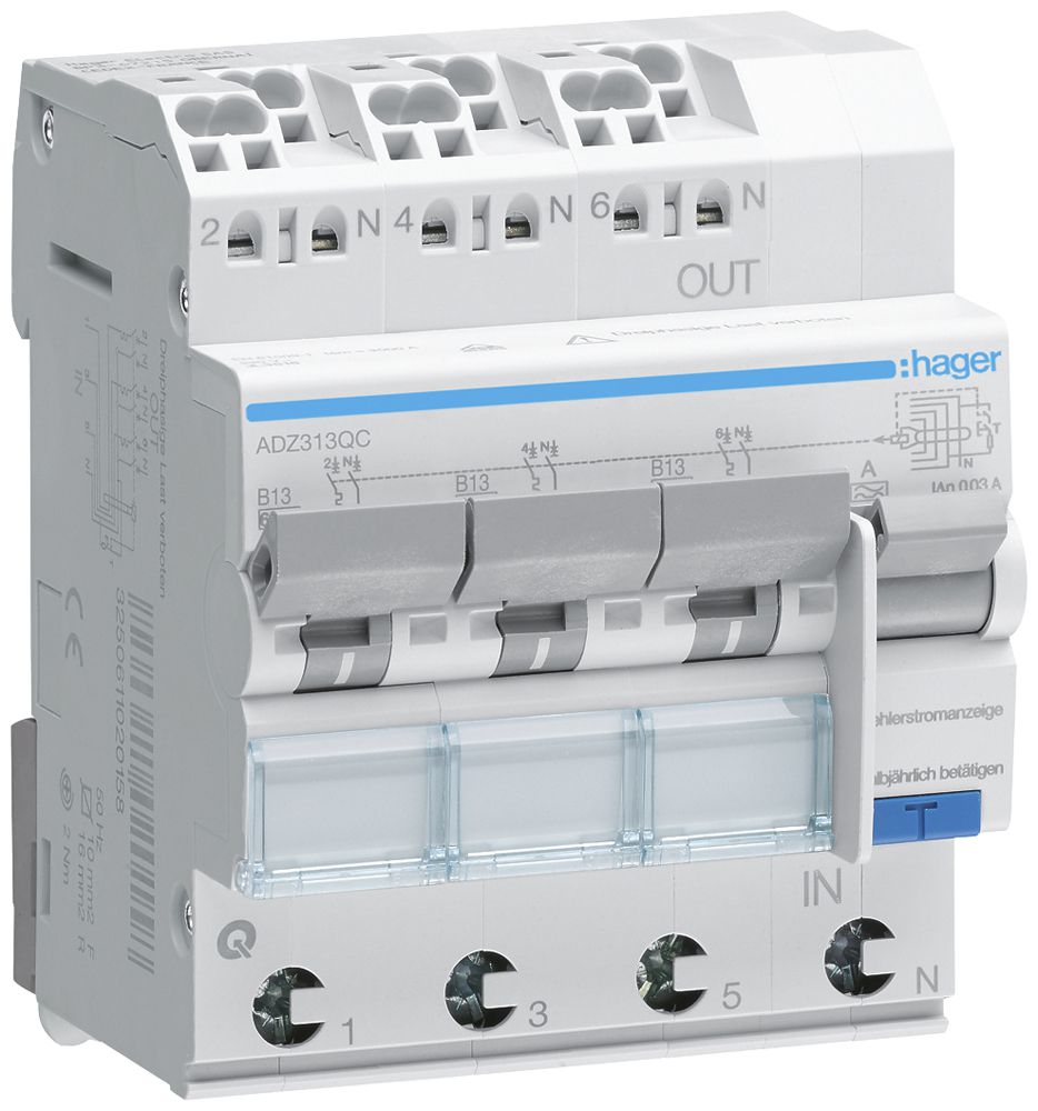 Disgiuntore differenziale Hager RCBO QC 3P+N 230V car.B 13A 0.03A tipo A 6kA 4UM