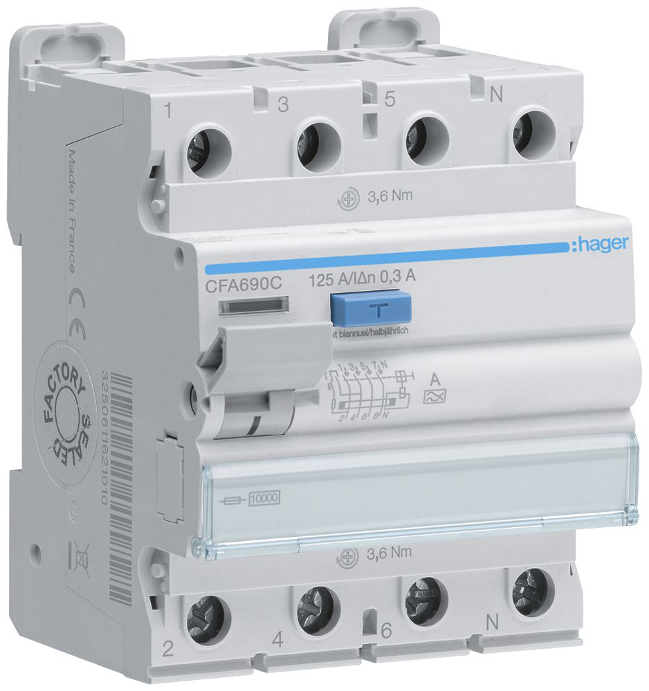 Interruttore differenziale Hager RCCB (RCD) 4P 400V 0.3A tipo A 125A 10kA 4UM