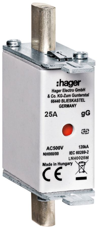 Fusibile HPC Hager DIN000 500VAC 25A gG/gL segnalatore doppio antiruggine