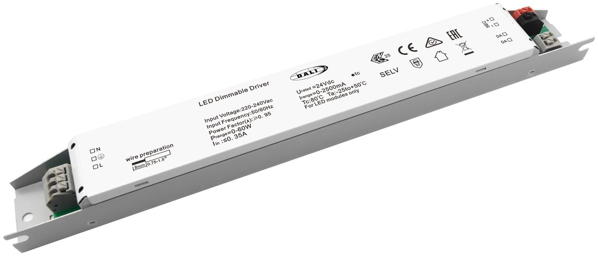 Convertitore LED DOTLUX CV IP20 DALI 0…60W 24V/2.5A 250×30×21mm