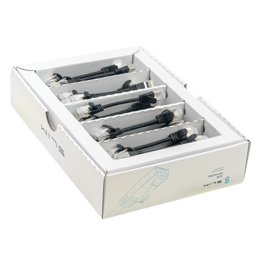 Cavo patch SLIM: 10cm, nero, 50 pezzi Cat.6A, U/FTP, jack non infrangibile