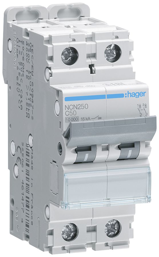Leitungsschutzschalter Hager MCB 2P 415V Typ C 50A Icn 10kA Icu 15kA 2TE