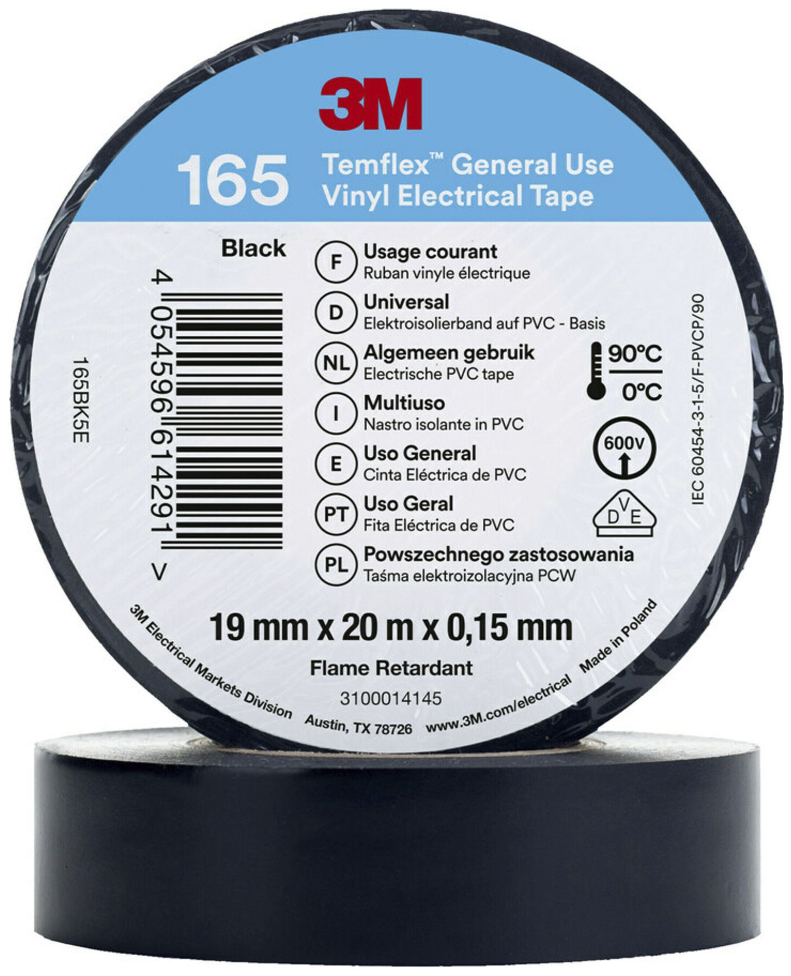 Ruban isolant 3M Temflex 165 19mm×20m×0.15mm noir VDE 600V 0…90°C