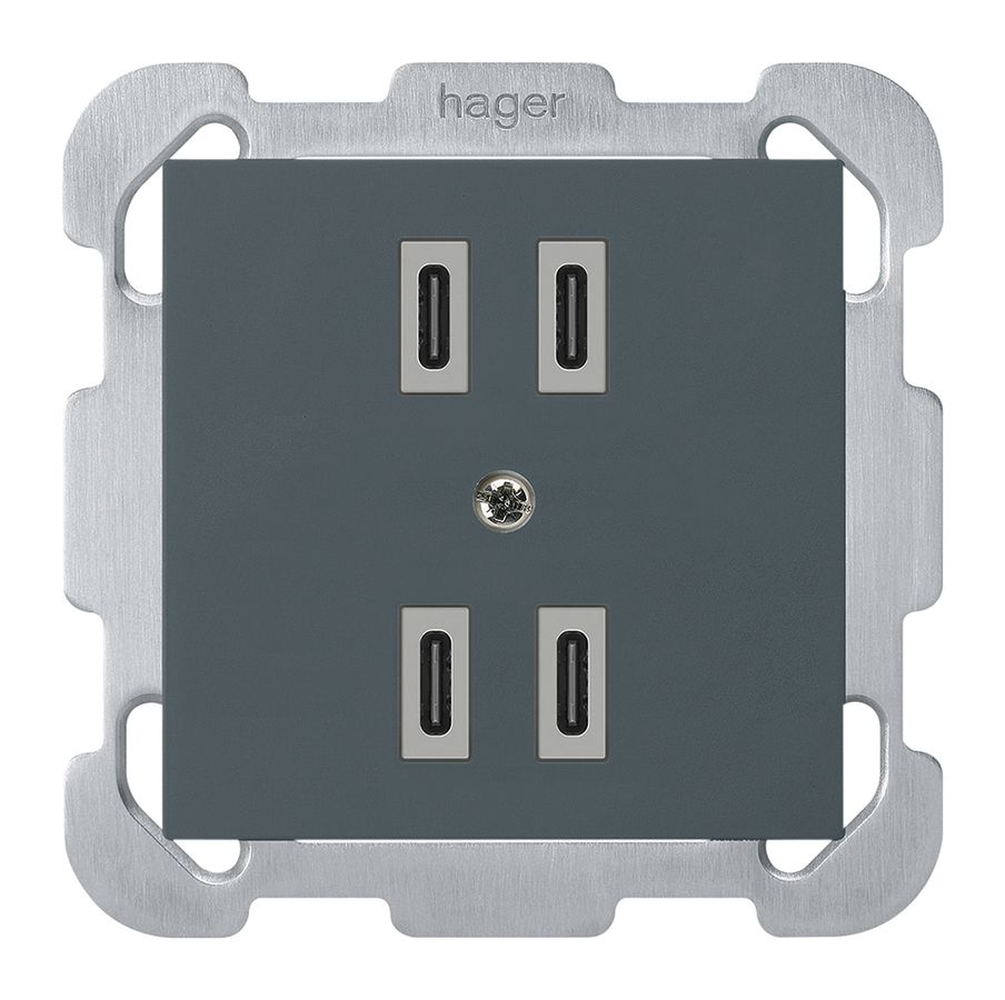 UP-USB-Ladesteckdose Hager kallysto 2×C-C 2×20W oder 4×10W 5V 77×77mm anthrazit