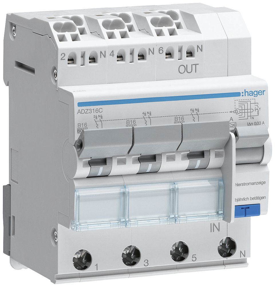 FI/LS-Schalter Hager RCBO QC 3P+N 400V Char.B 16A 0.03A Typ A 6kA 4TE