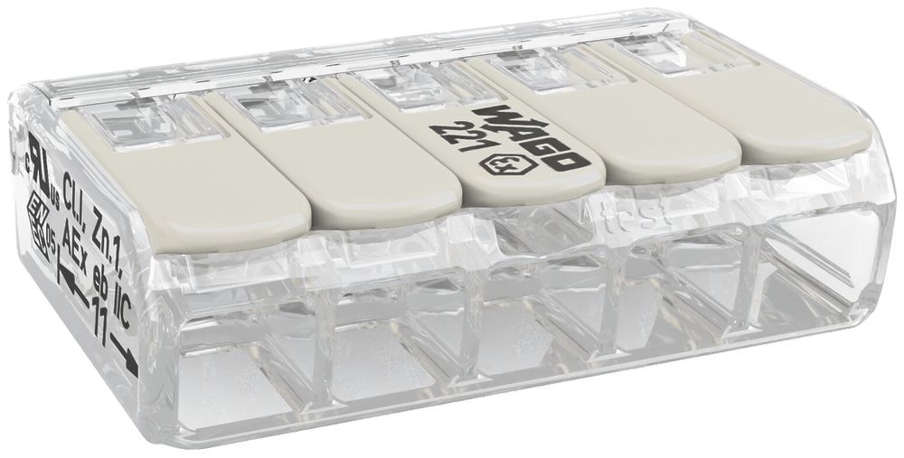 Borne de connexion WAGO 221 5×0.2…4mm² levier 24.5A 440V gris transparent