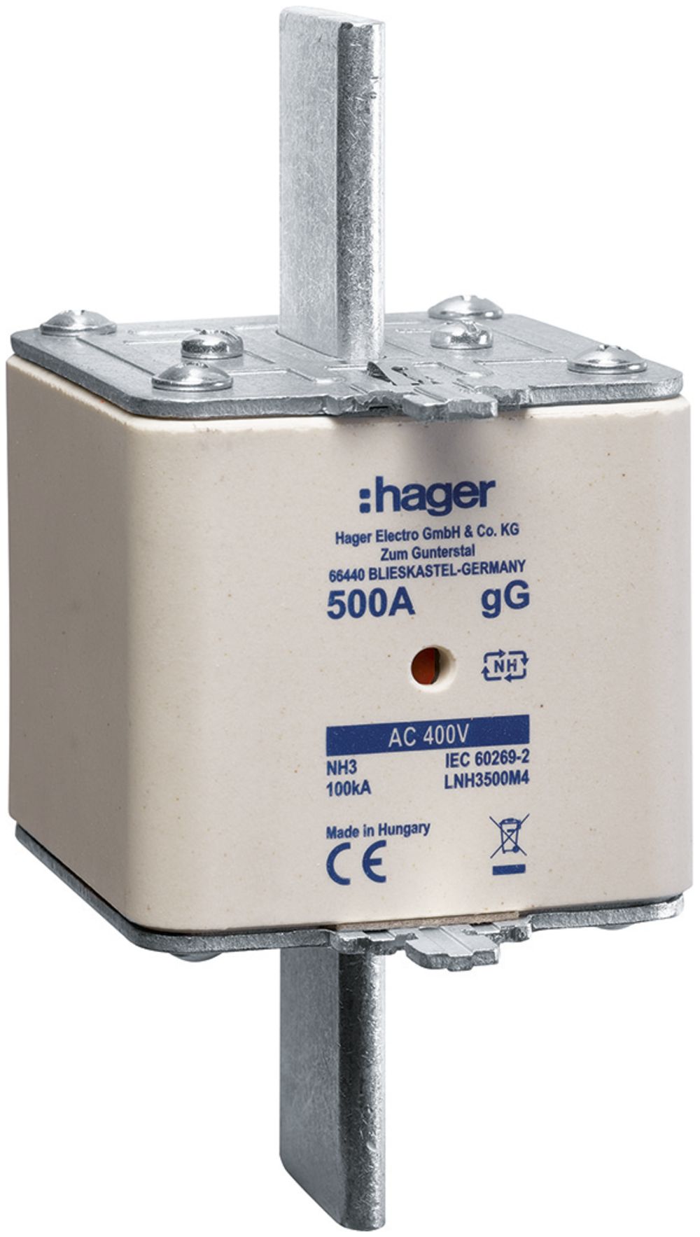 Fusible HPC Hager DIN3 400VAC 500A gG/gL avertisseur double antirouille