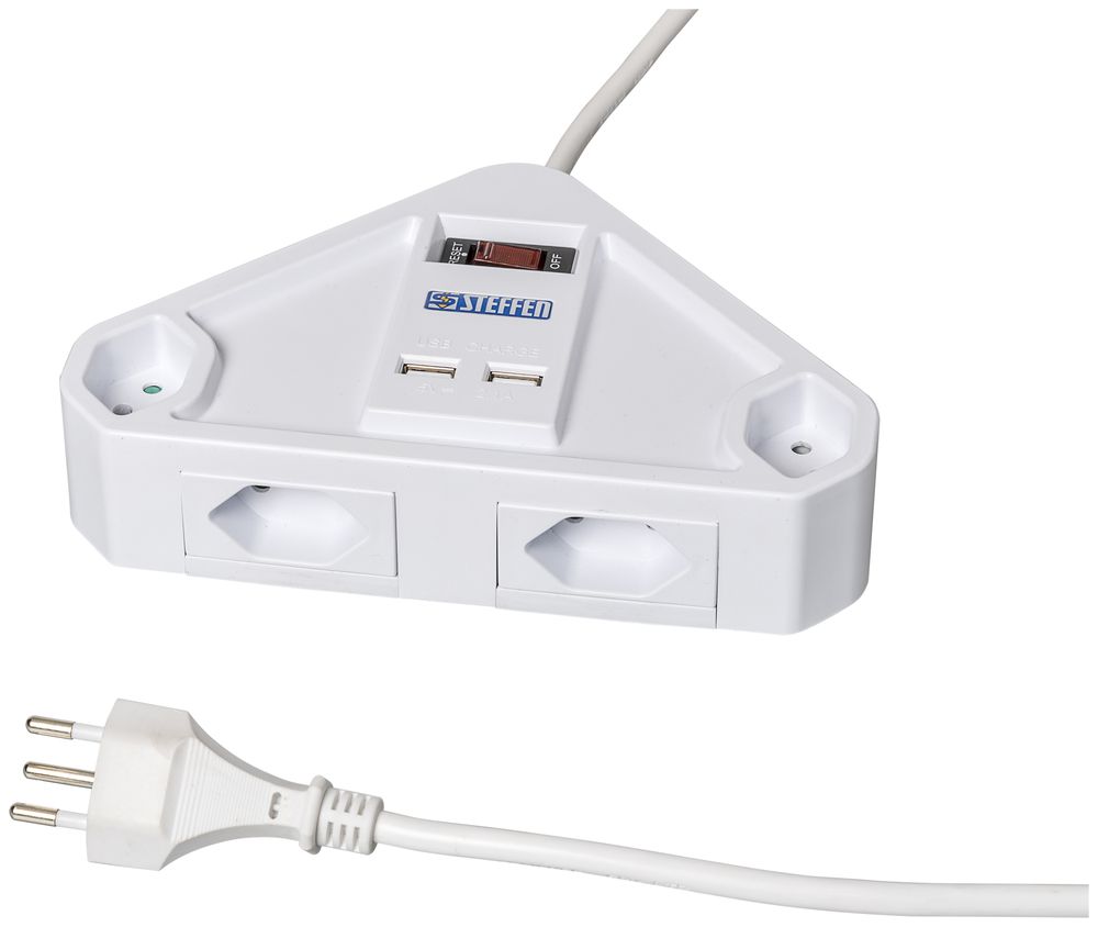 Prise multiple STEBA Corner 2×USB 5V/2.1A 4×T13 1×T12 2m 3×1mm² blanc